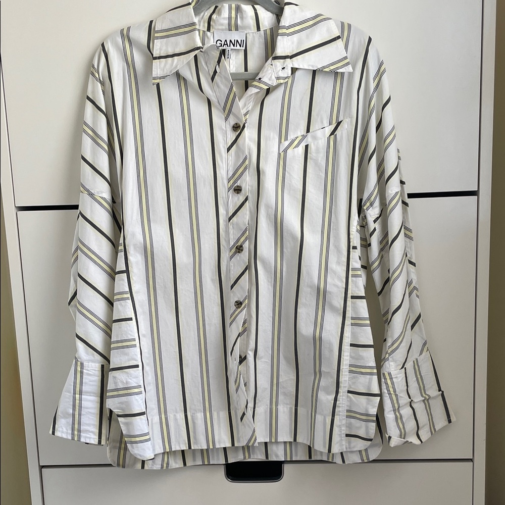Ganni White Button-Up Shirt with Black and Yellow stripes 100% cotton